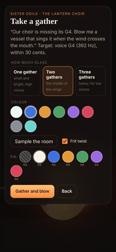Gather sheet with gather sizes, colour swatches and a frit option.