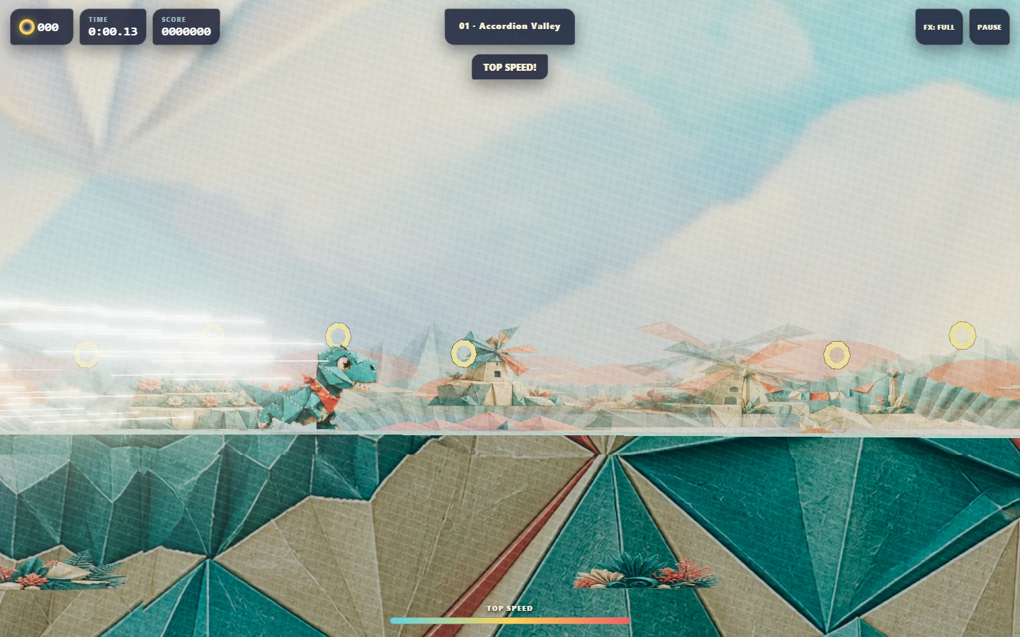 Pip sprinting through Accordion Valley as paper scenery and speed lines sweep past.