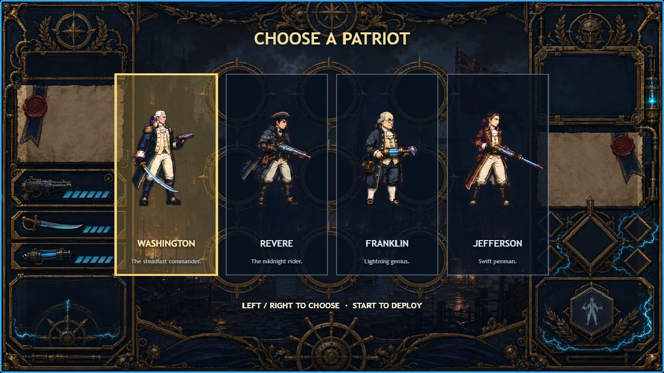 Founderman 2 character selector with the four starting patriots.
