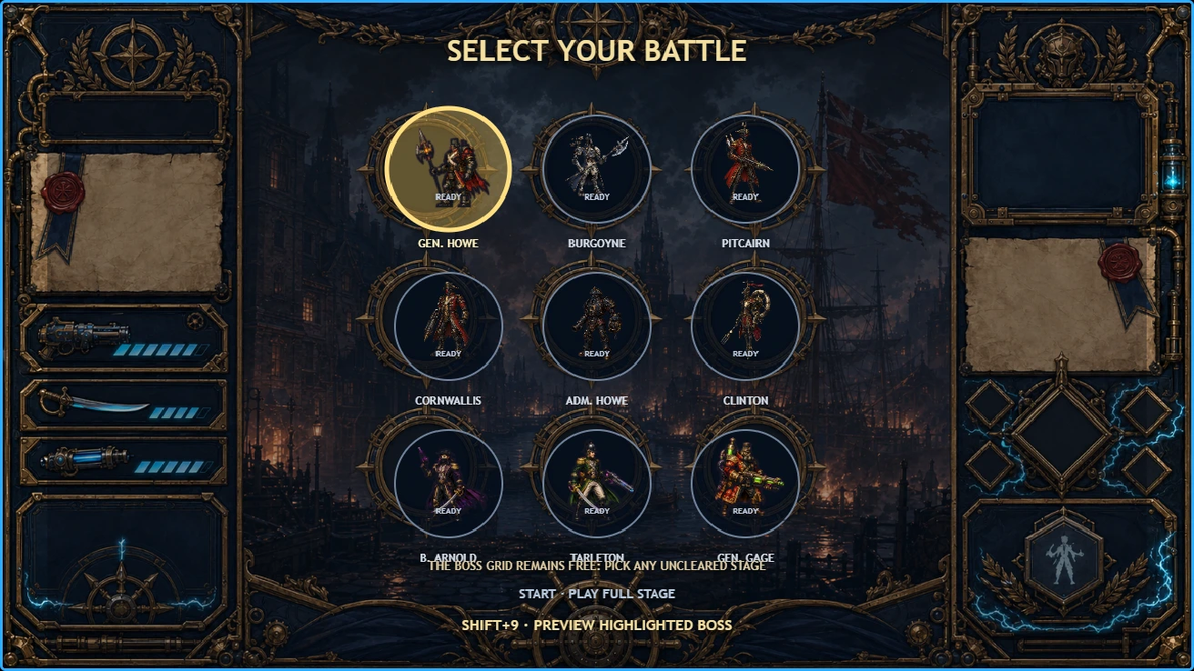 Founderman 2 boss and stage selection screen.