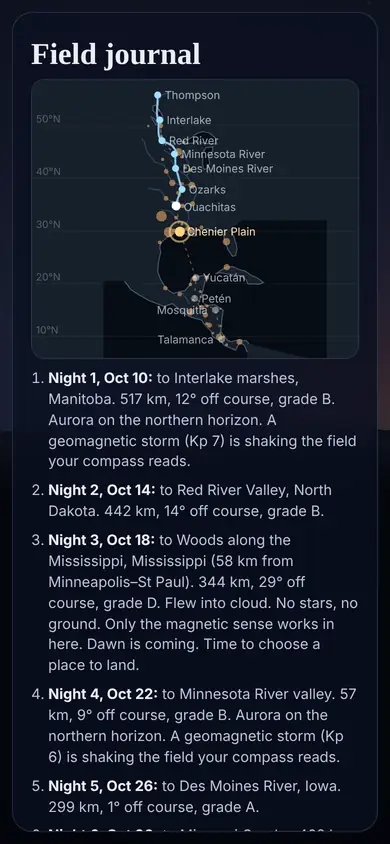 The field journal: a map of every night flown so far and a list of nights.