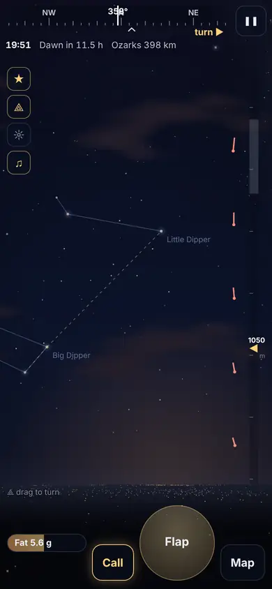 The northern sky with the Big Dipper and a dashed line from its pointer stars up to Polaris.