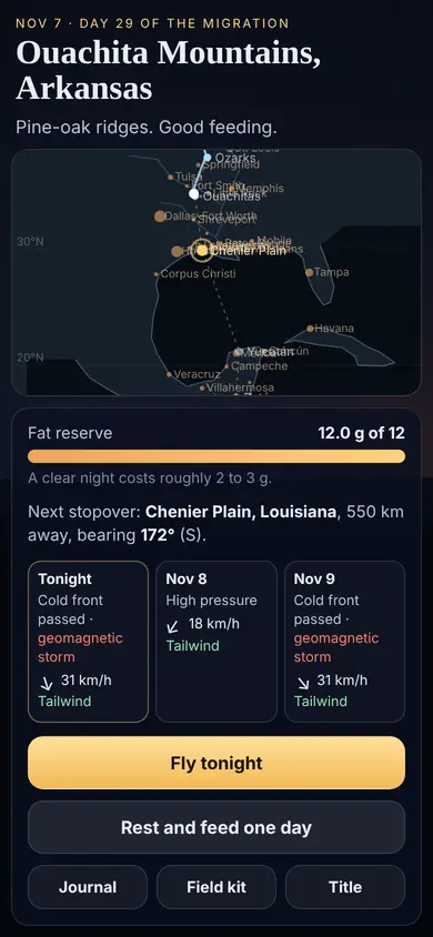 A stopover page with a fat gauge, a route map and a wind forecast.