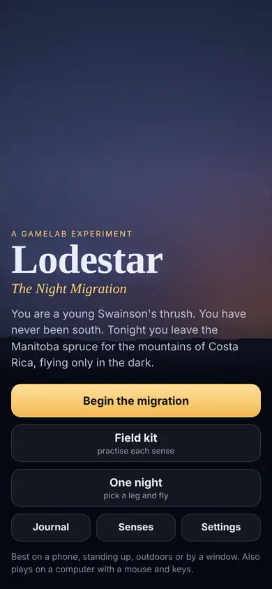 Title screen over a dusk sky with the game's name and menu.