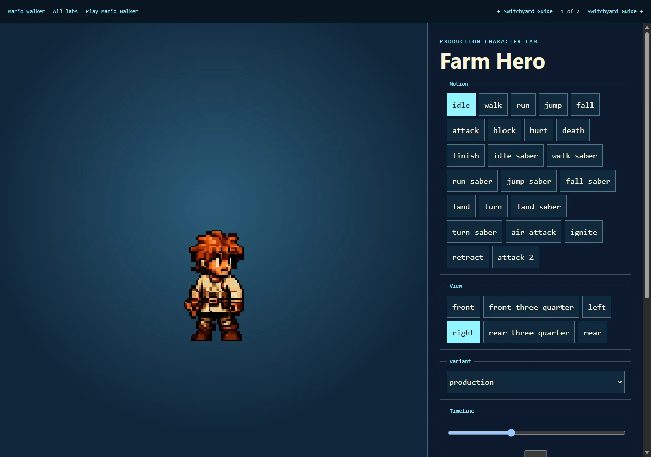 Farm Hero production character lab with motion, view, variant, timeline, and proof controls.