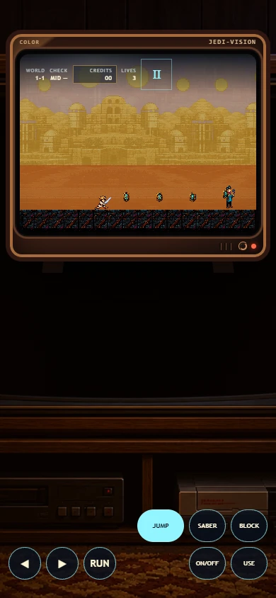 Mario Walker running on a phone-sized screen with movement, jump, saber, block, and use controls.