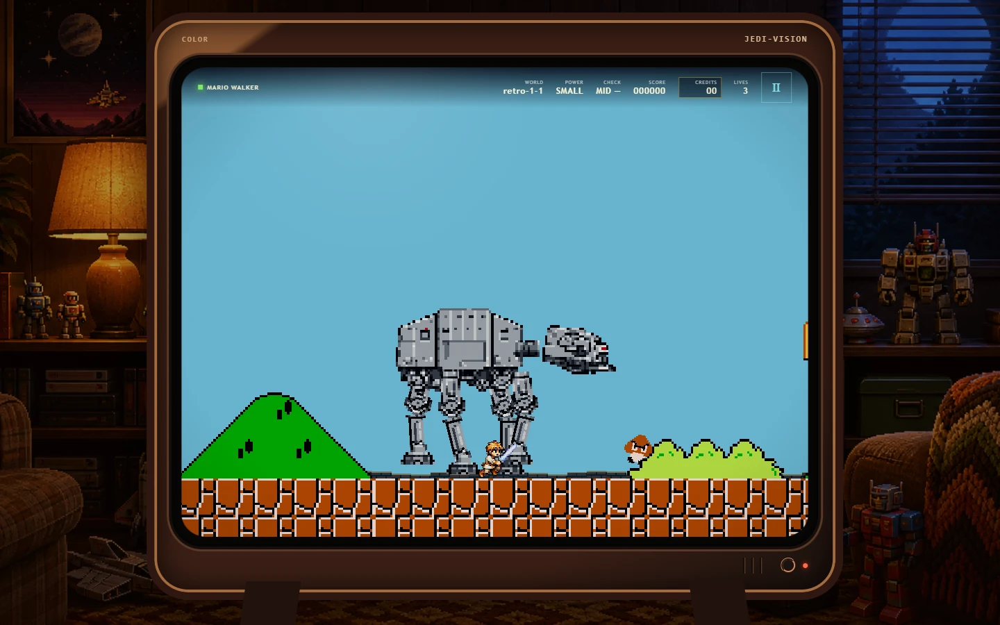 Luke crossing a Retro platforming stage with brick terrain and native enemy sprites.