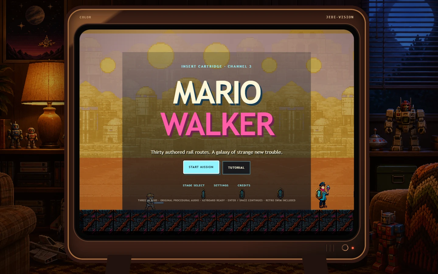 Mario Walker title screen glowing inside a wood-cased 1980s television.