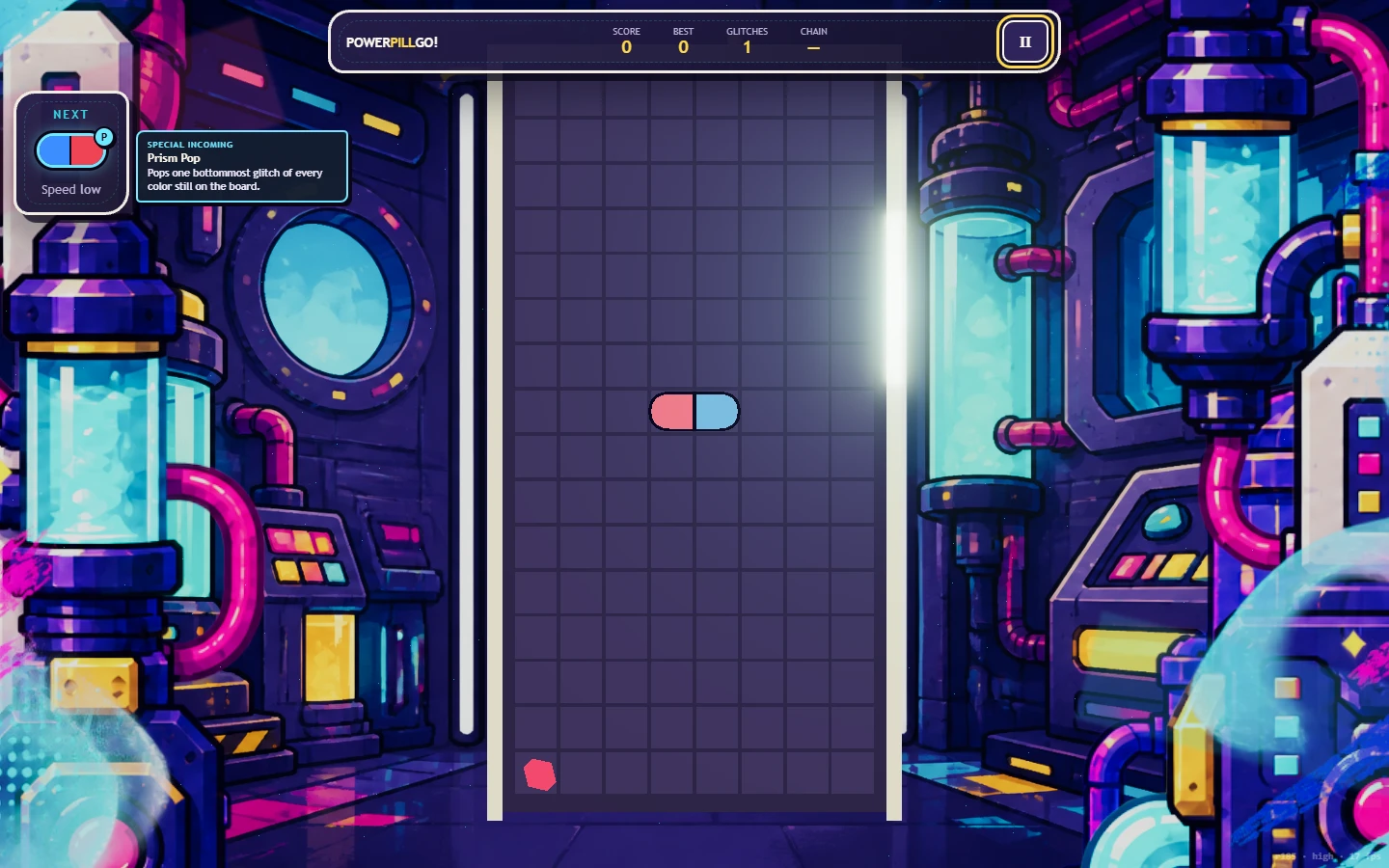 PowerPillGo! Arcade board with a two-color pill falling toward colored glitches in the laboratory.
