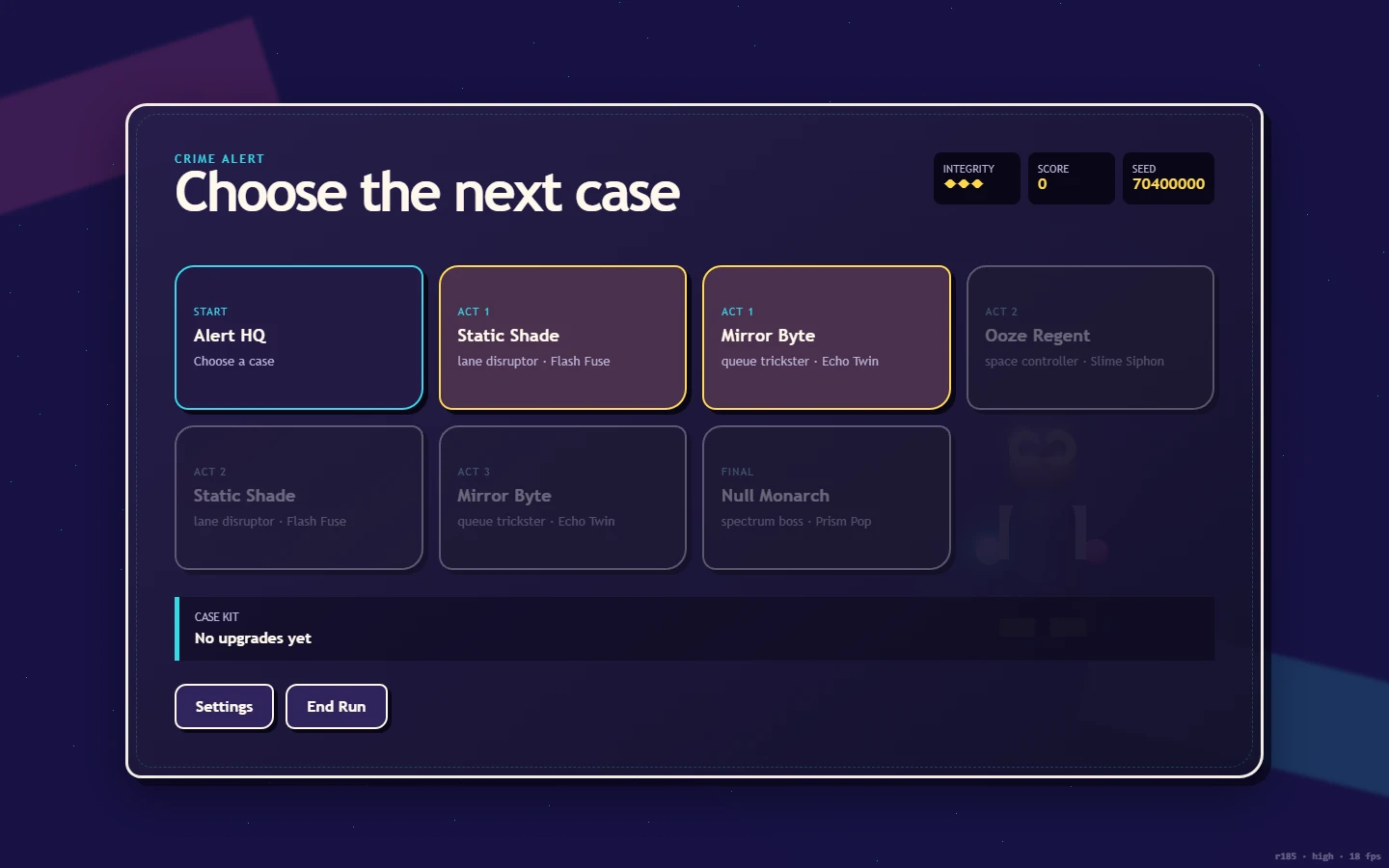 PowerPillGo! Crime Alert screen showing a branching case route, integrity, score, seed, and current upgrades.