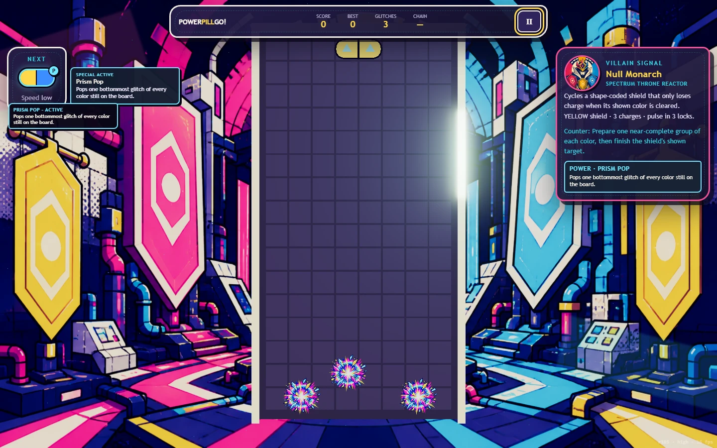 PowerPillGo! Prism Pop effect bursting across the grid in Null Monarch's reactor.