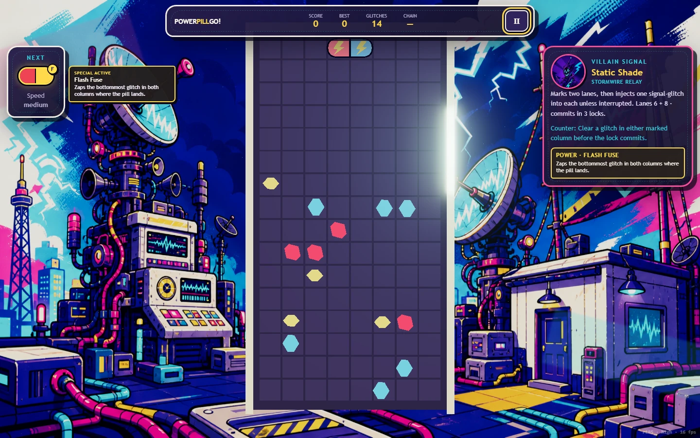 PowerPillGo! battle with Static Shade, including the villain portrait, warning card, and purple Stormwire Relay background.