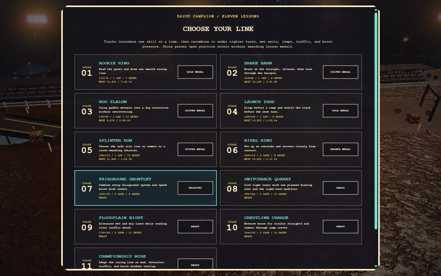 Mud Truck '99 campaign selector listing the eleven driving lessons and saved medal states.