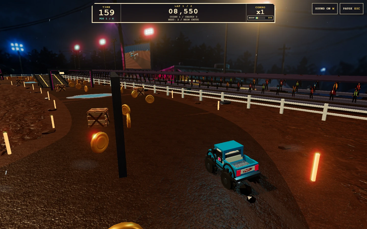 Mud Truck '99 race at a rain-soaked fairground with rival trucks, cyan gates, ramps, and the race HUD.
