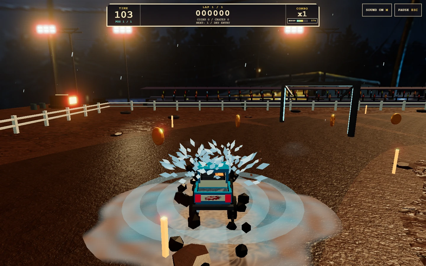 Mud Truck '99 pickup crossing a reflective puddle with water spray and wet tire marks.