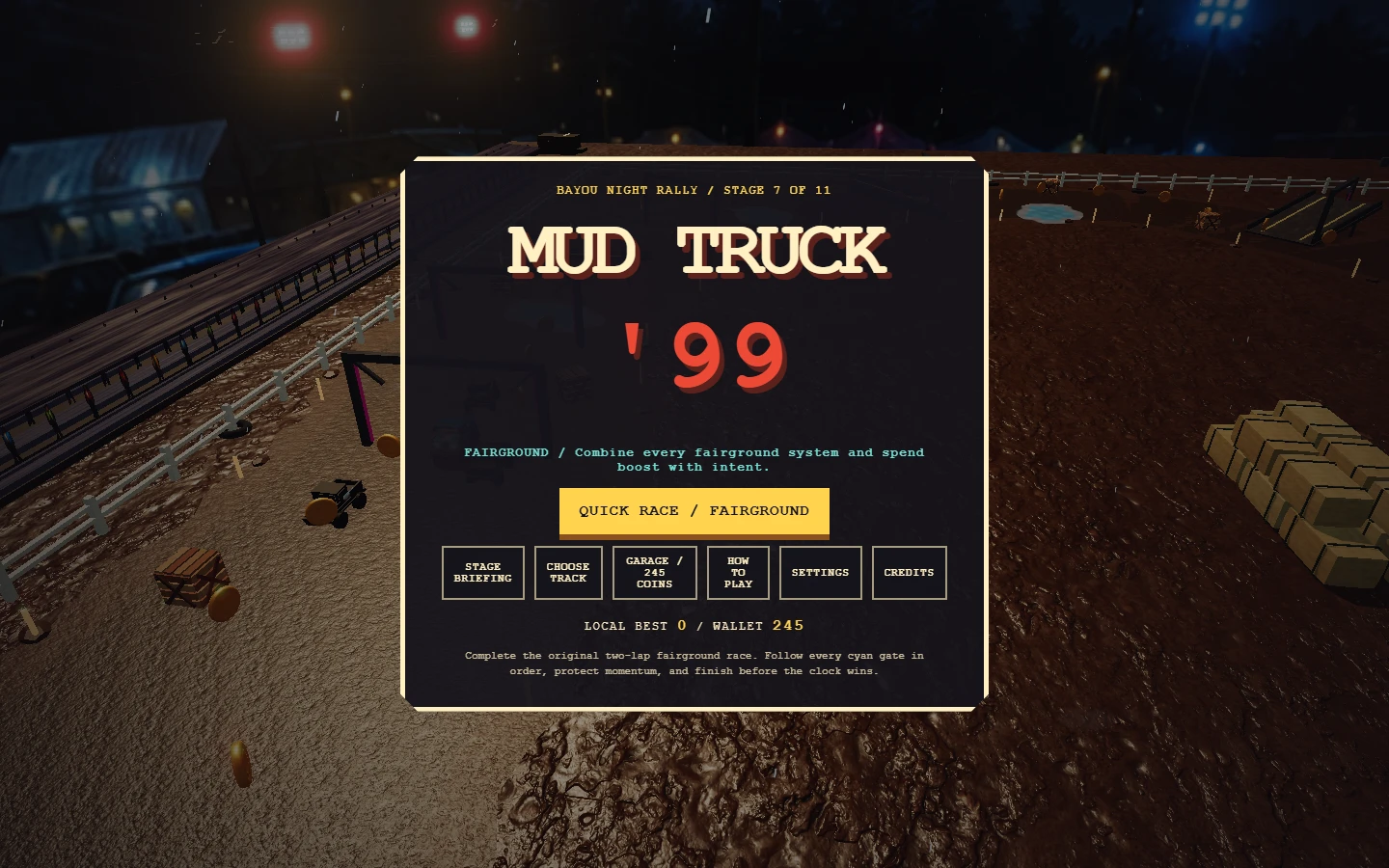 Mud Truck '99 title menu over the illuminated fairground track.