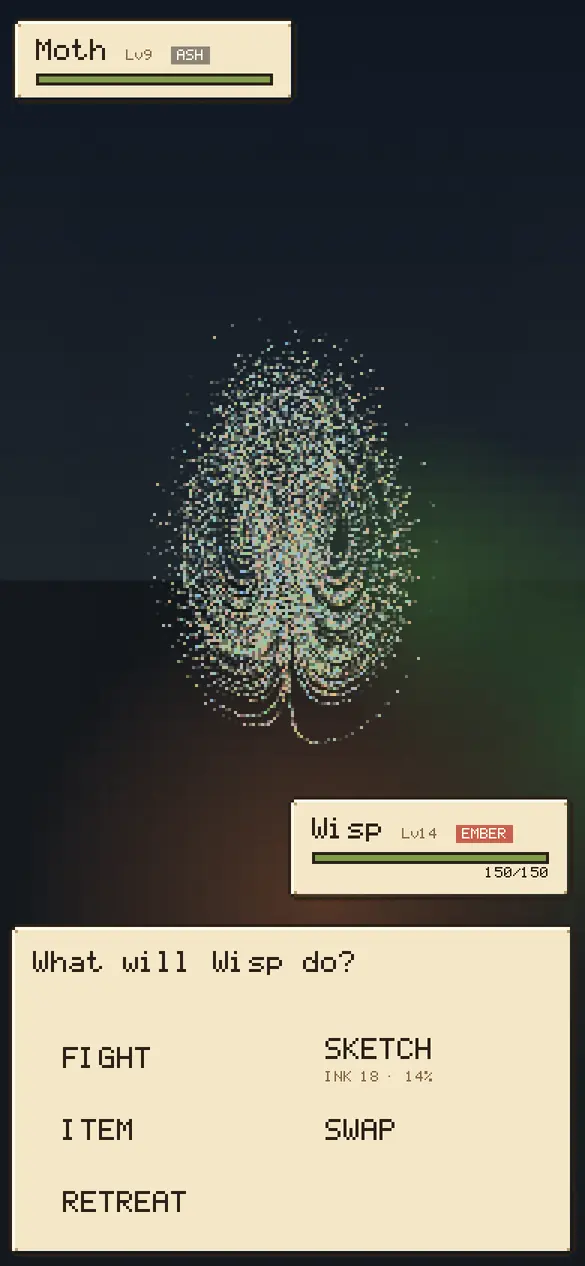 A construct of scattered pixels with a turn-based battle menu.