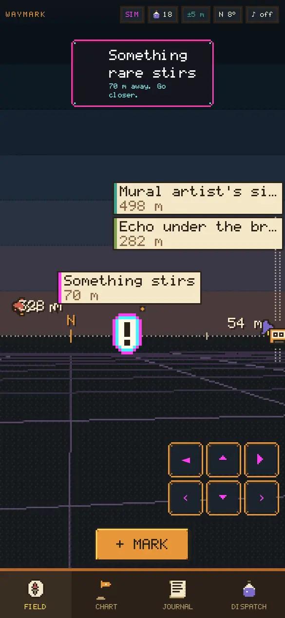 Field view with mark labels and a glitch marker over a pixel horizon.