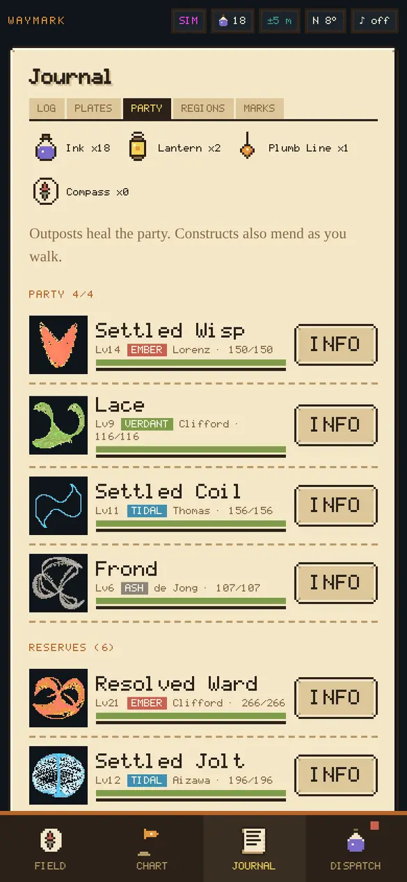 Party page with four constructs, items and an outpost.