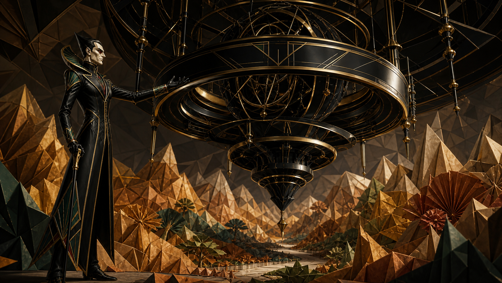 Mr. Blank unveiling a sharp black-and-brass machine above the colorful paper valley.