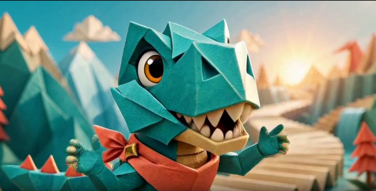 Pip the paper dinosaur posed for the later Folded Thunder video experiments.