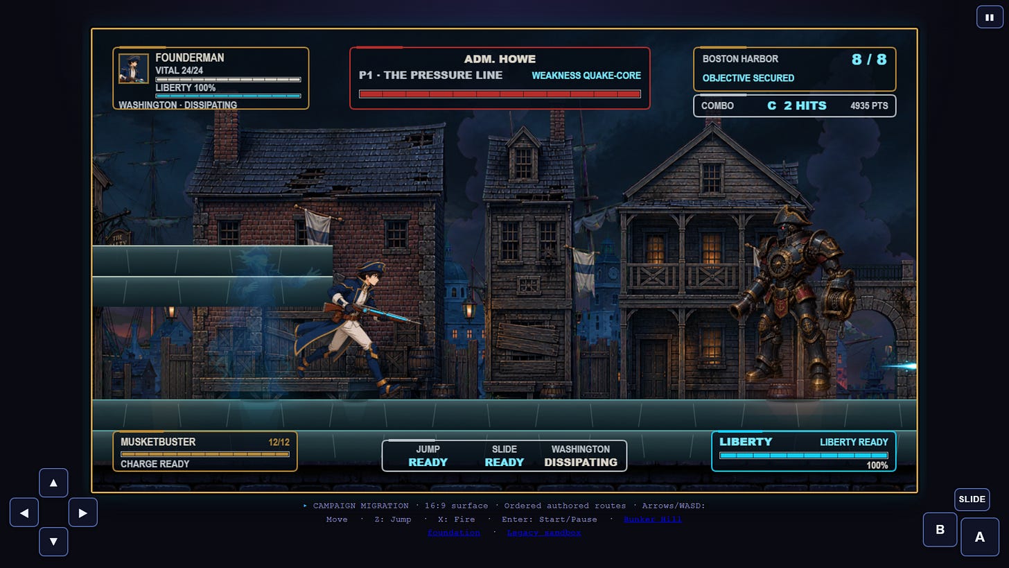 Founderman 2 gameplay in the rebuilt Boston Harbor presentation.