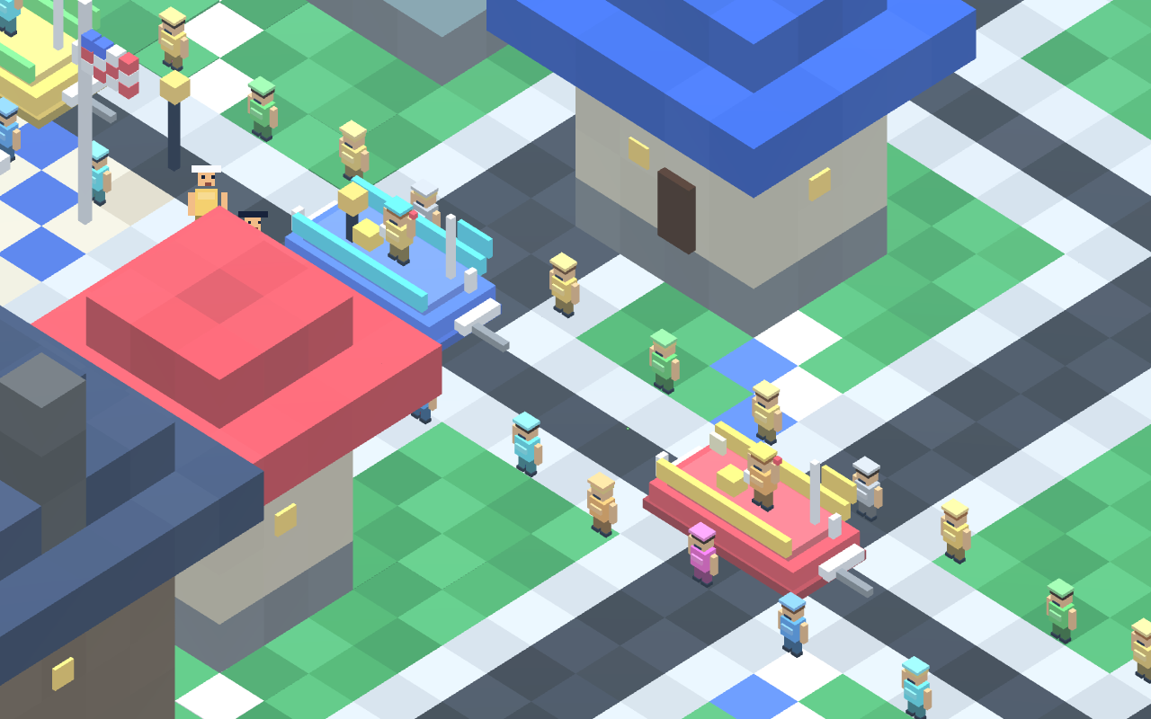Independence Town parade scene with voxel citizens, buildings, and fireworks