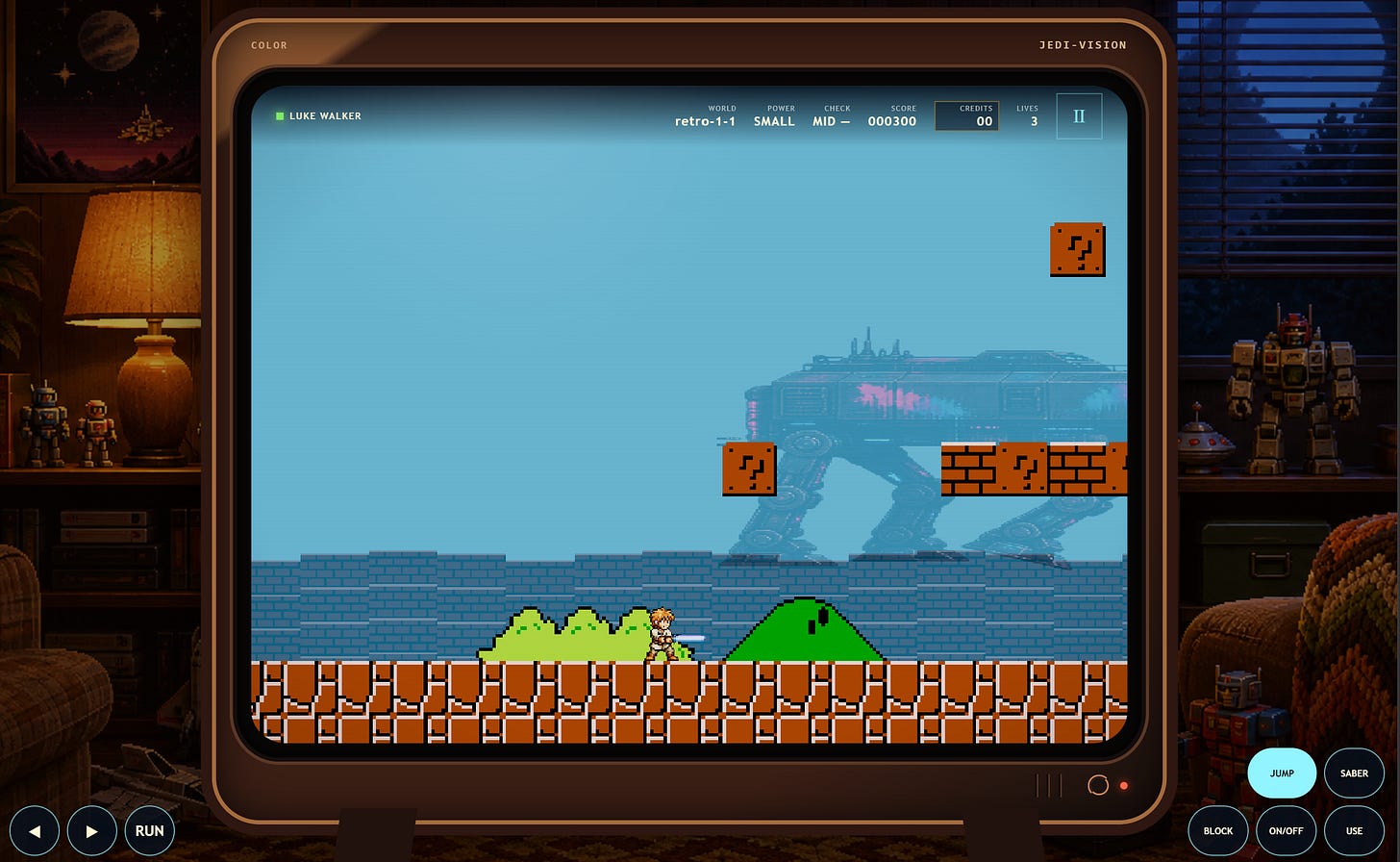 Luke facing Goombas inside an early Mario Walker stage.