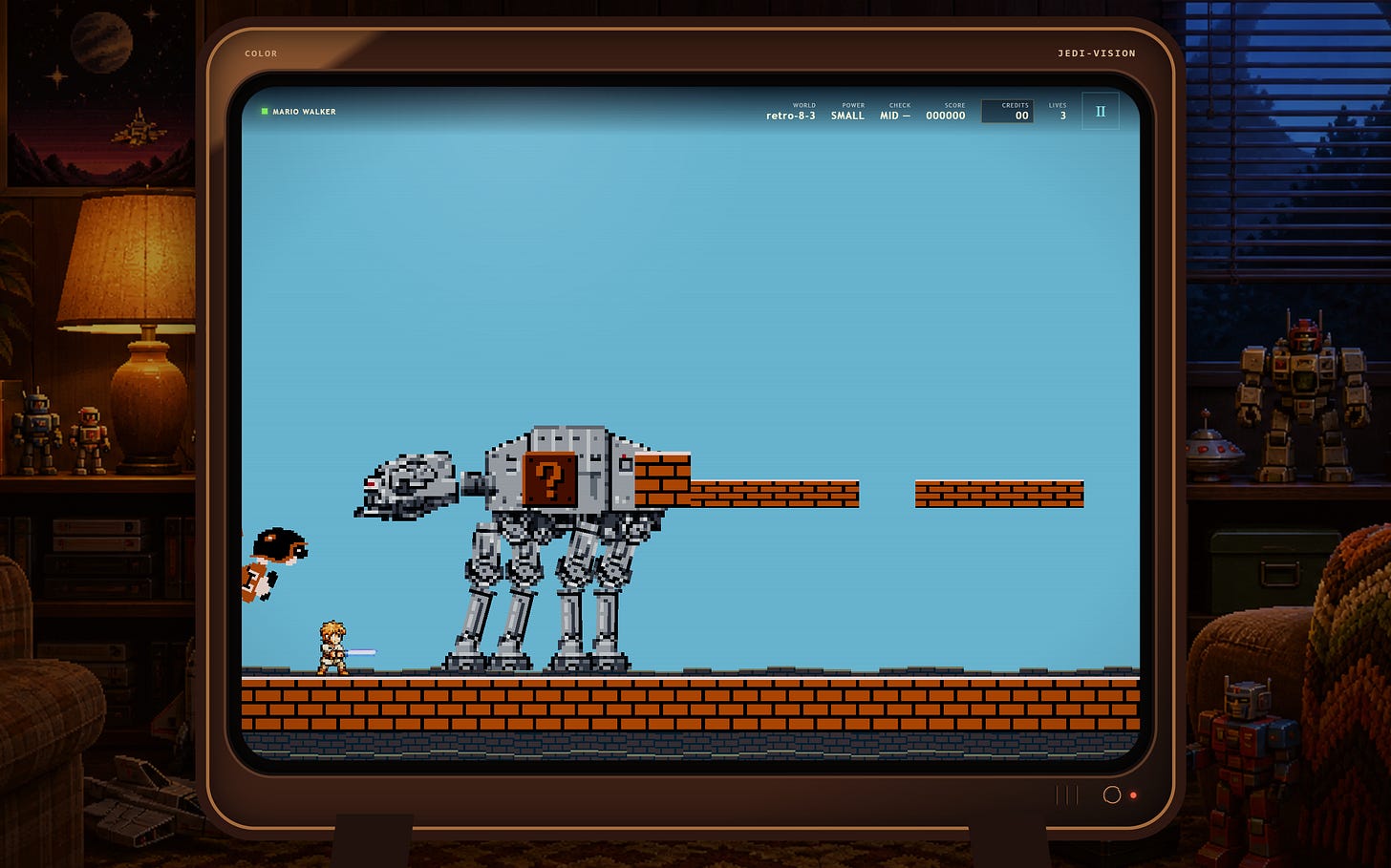 Luke and an AT-AT face a giant Goomba inside a Mario Walker Retro stage displayed on a television.