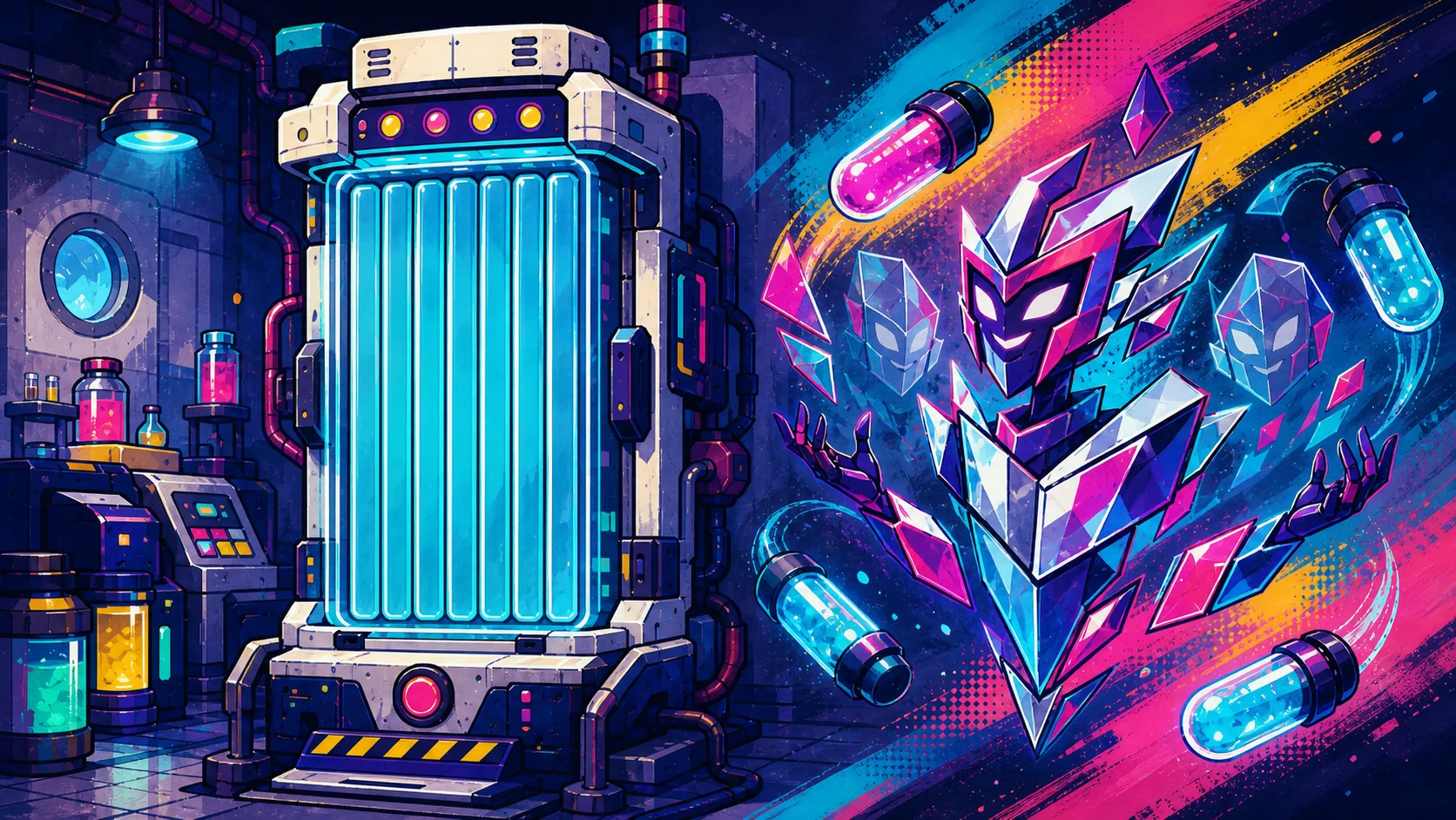 Mirror Byte inside the fractured pink and blue Refraction Vault.