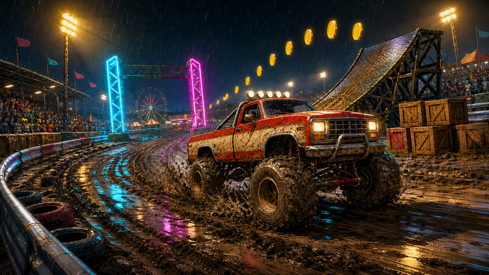 Illustrated red and cream mud truck approaching a wet fairground gate, ramp, crates, and coin line.
