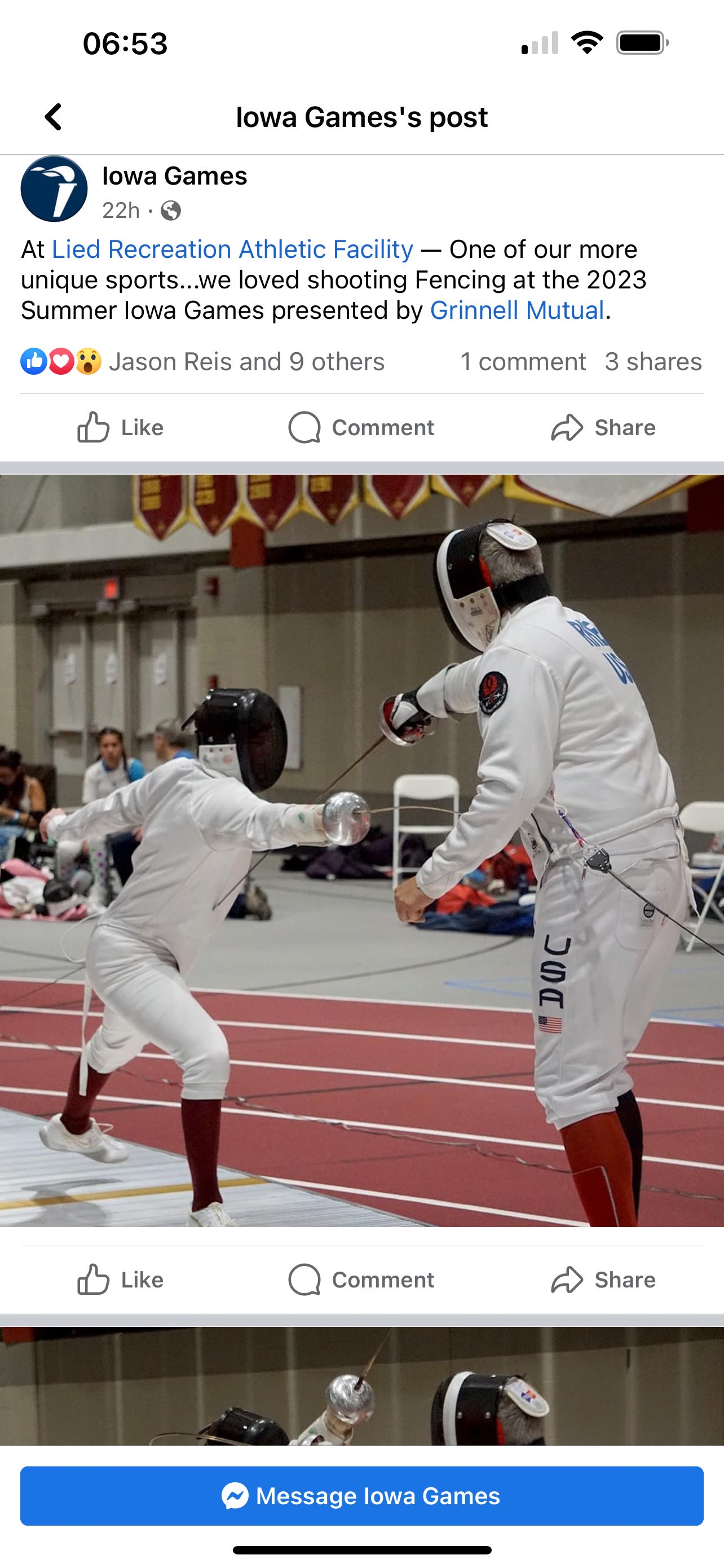 Iowa Games Facebook post featuring fencing photos from the 2023 Summer Iowa Games, with Eric Rhea on the strip