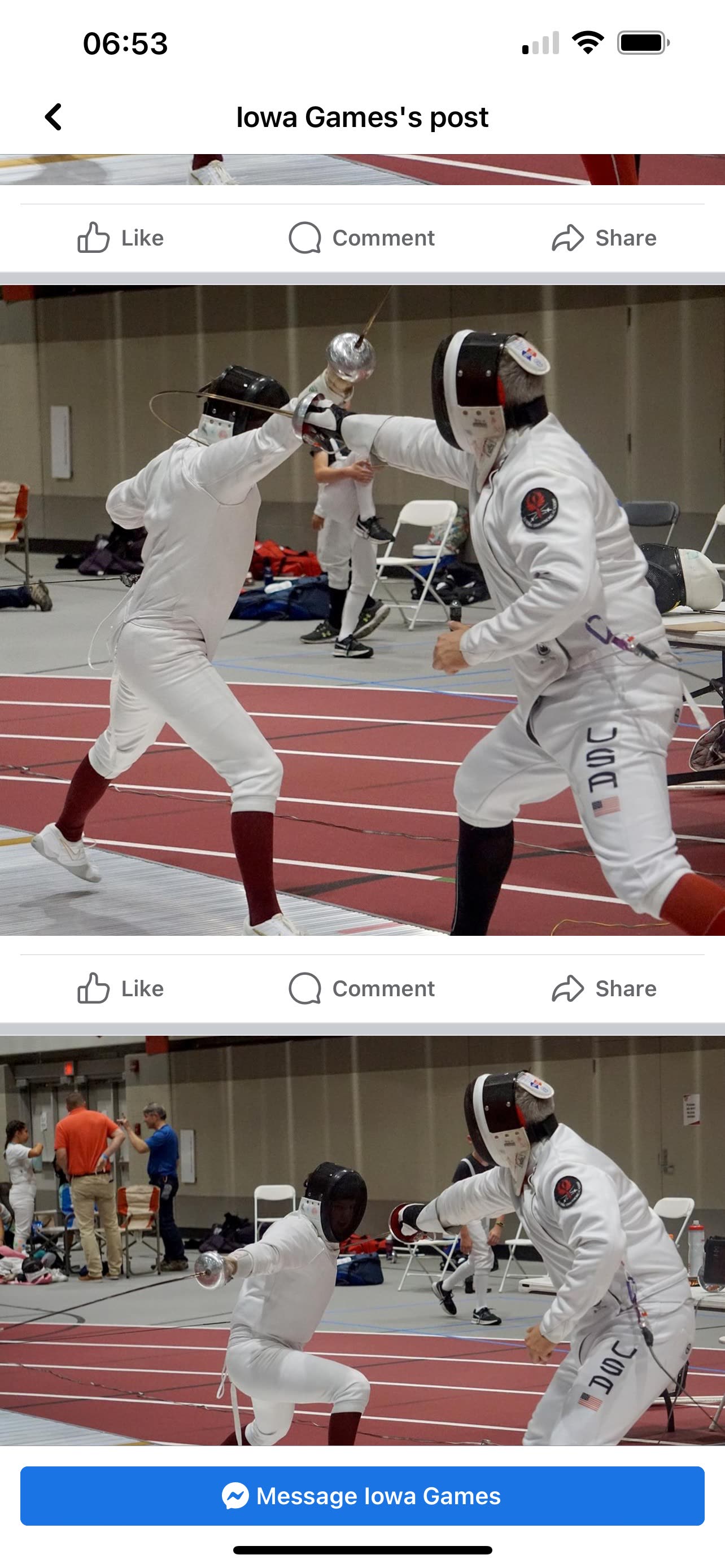 Iowa Games Facebook post photo of Eric Rhea in blade contact with an opponent