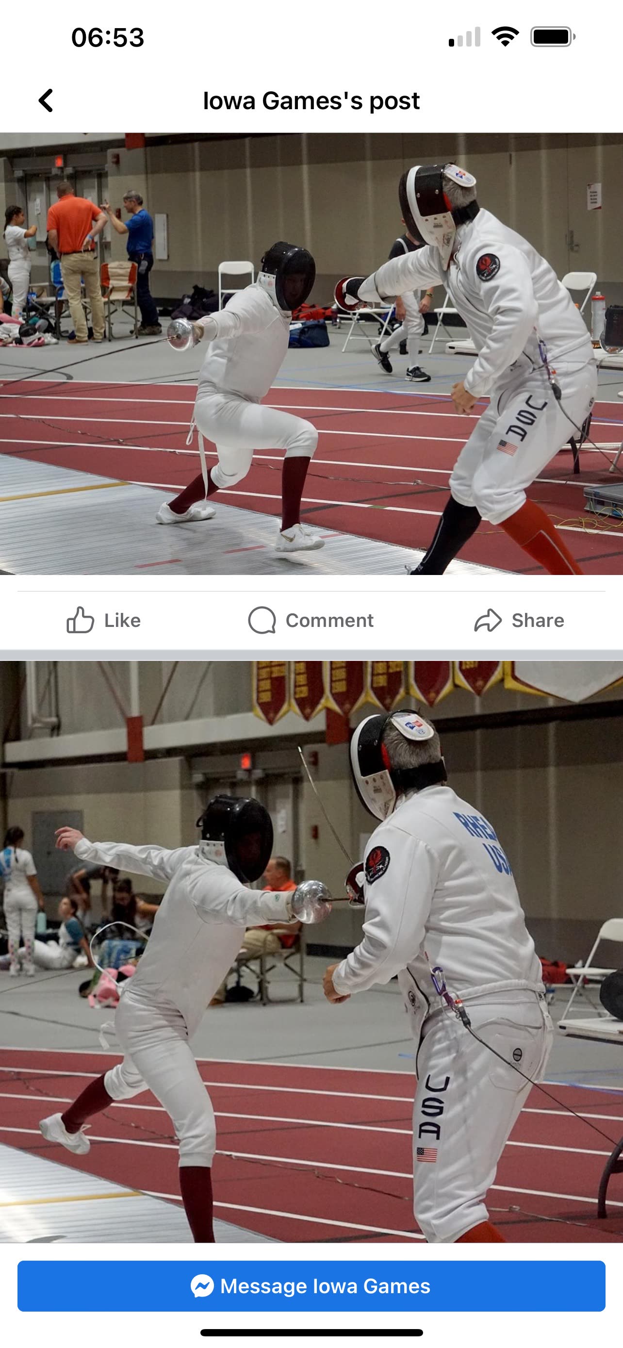 Iowa Games Facebook post photo of an opponent lunging at Eric Rhea mid-bout