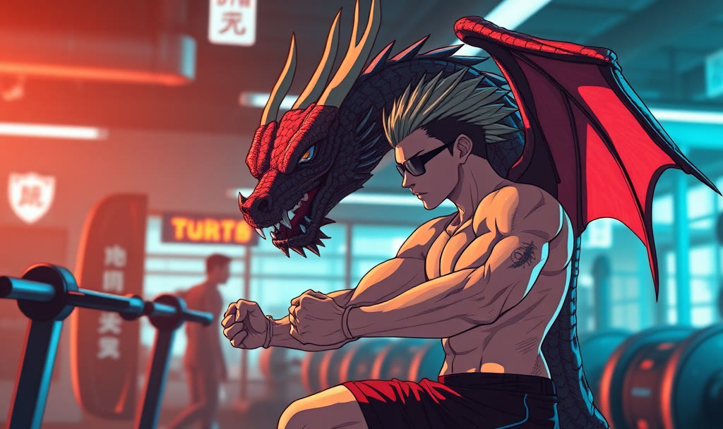 Anime cyberpunk gym scene with a dragon for a Saturday workout