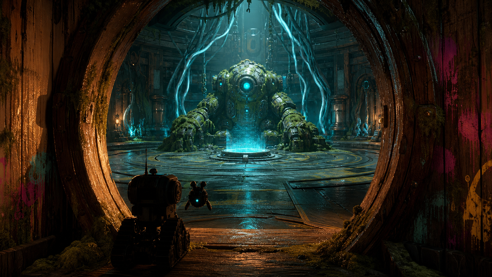The Island V4 robot faces Mossback inside a green overgrown vault.