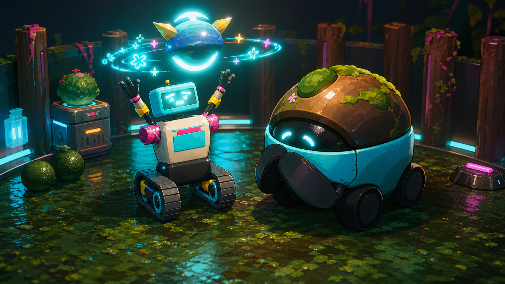 Mossback restored beside the robot.