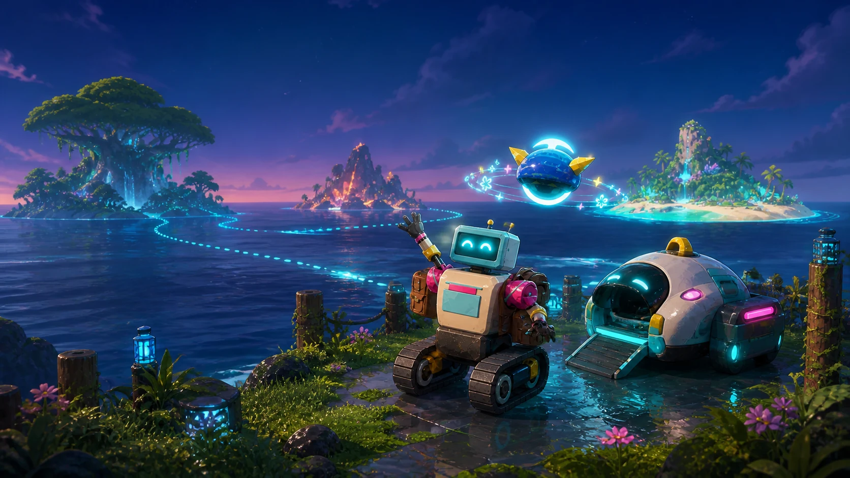 The Island V4 robot and drone look across three restored islands at dusk.