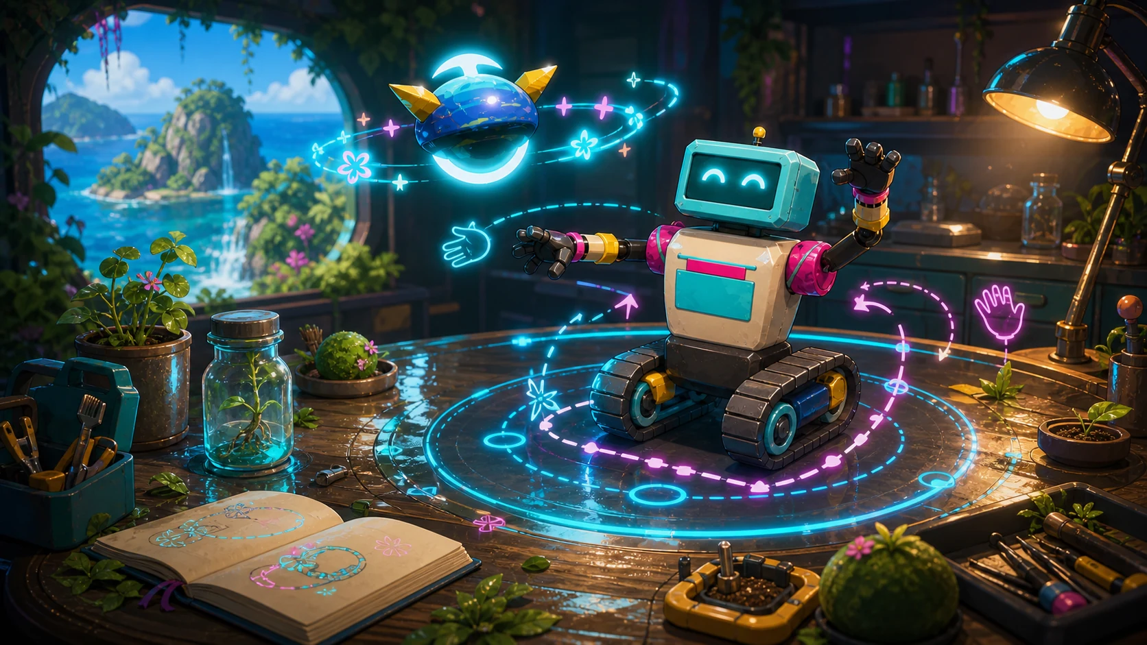 The Explorer Robot practices a pose on the Robot Lab platform while Mote floats nearby.