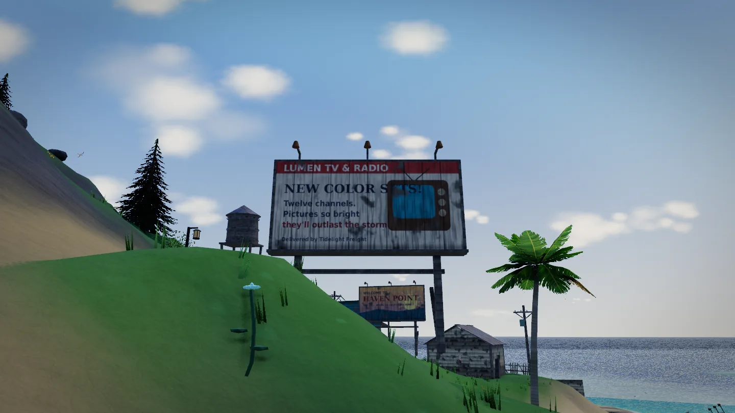 A weathered wooden billboard on a grassy hill reads Lumen TV and Radio, New Color Sets, Pictures so bright they will outlast the storm, with the town and sea behind it.