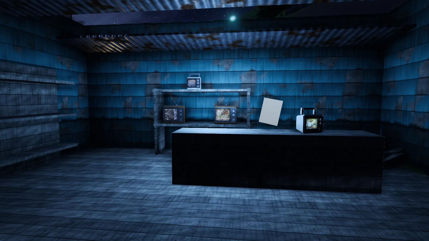 Inside a dark teal general store, four box televisions on a shelf and counter glow with clips from GameLab games.