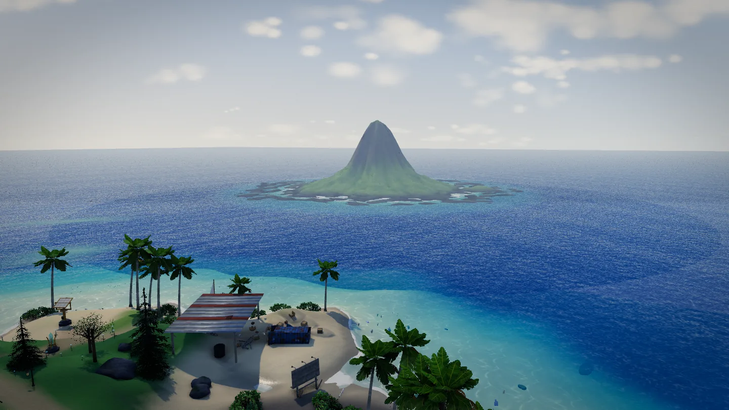 An aerial view from the south beach across a turquoise bay to a steep green islet shaped like a hat.