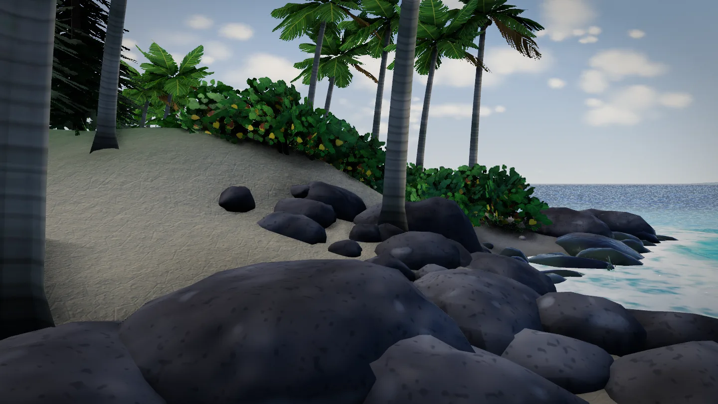 Rounded black basalt boulders pile along a sandy shore while surf foams between them, with coconut palms and hau thickets behind.