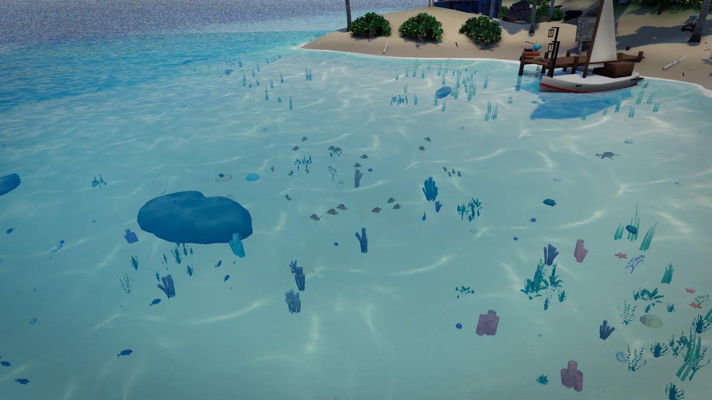 Looking down through clear turquoise water at coral heads, plants and a school of yellow fish over pale sand.