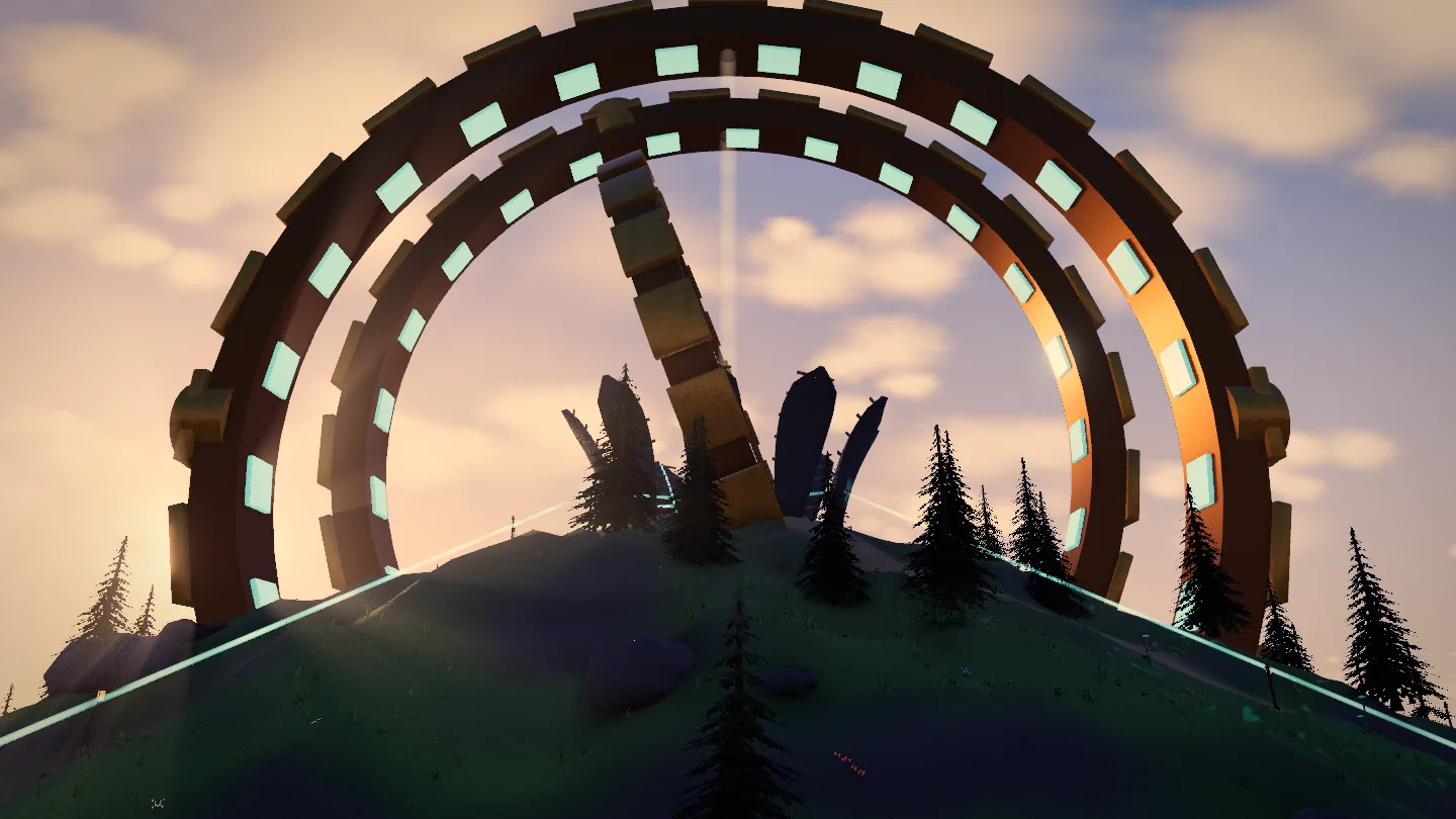 Three bronze gimbal rings rise over the summit of Lumen Reach while basalt petals open around the Sun Organ at golden hour.