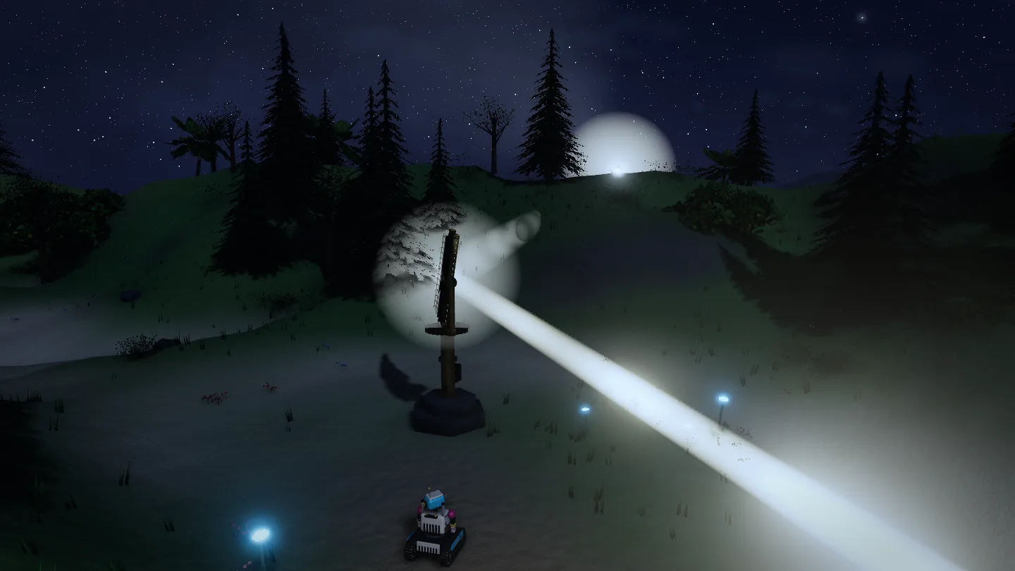 At night, the Tidewatch Mirror on the north cliff flashes and throws a beam toward its crystal while glassblooms glow nearby.