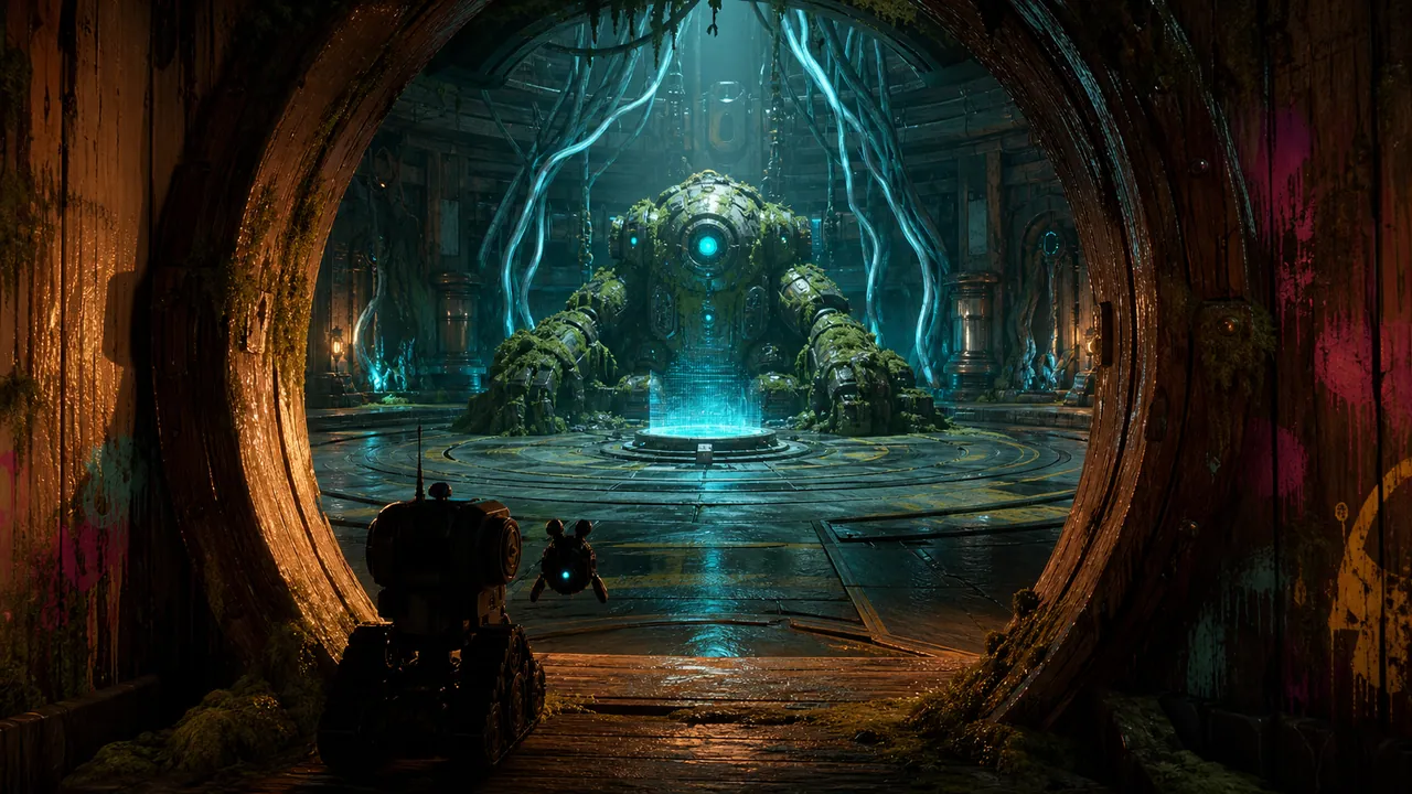 Mossback Guardian waits in a blue root-lit vault.