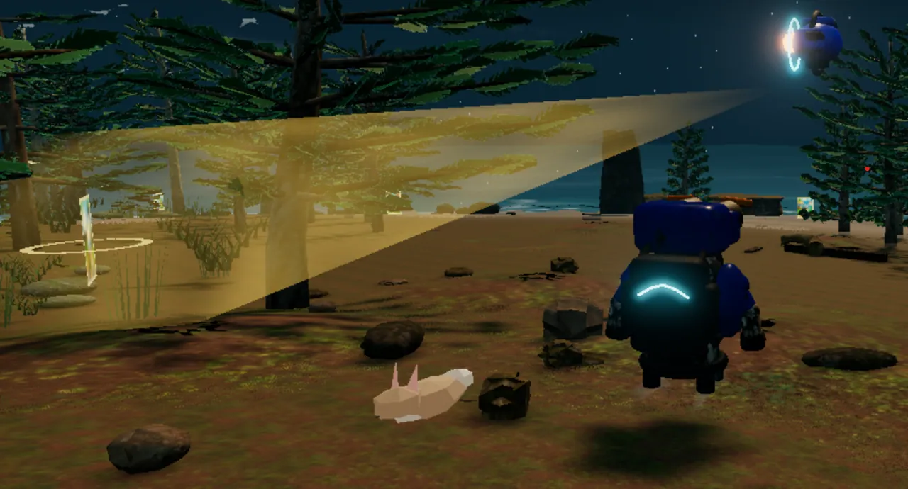 A V3 rabbit beside island rocks.