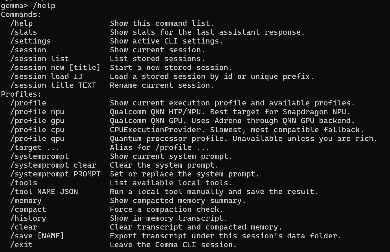 Terminal screenshot showing Gemma CLI slash commands including help, profile, system prompt, tools, memory, and compact commands