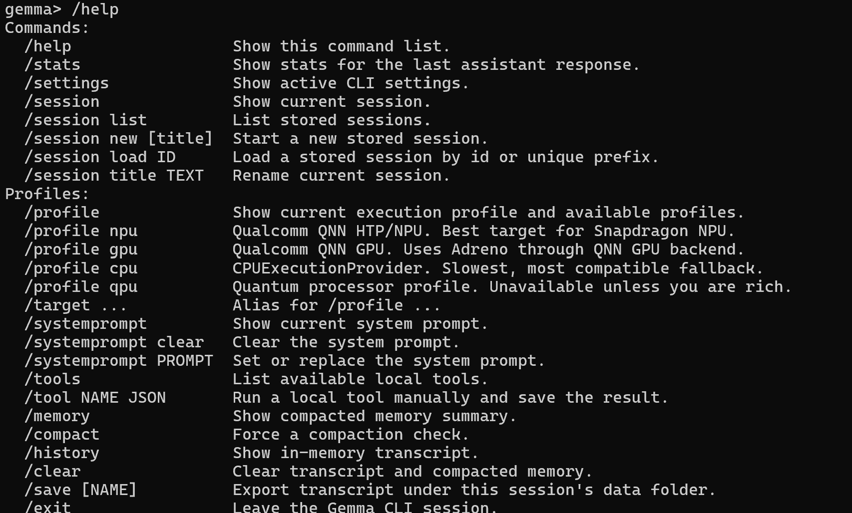 Gemma local inference harness screenshot